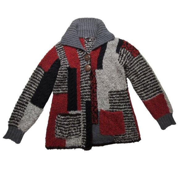 Tabask Sweaters - Tabask Patchwork Cardigan Handmade Alpaca Wool Lagenlook Sweater Jacket Size S